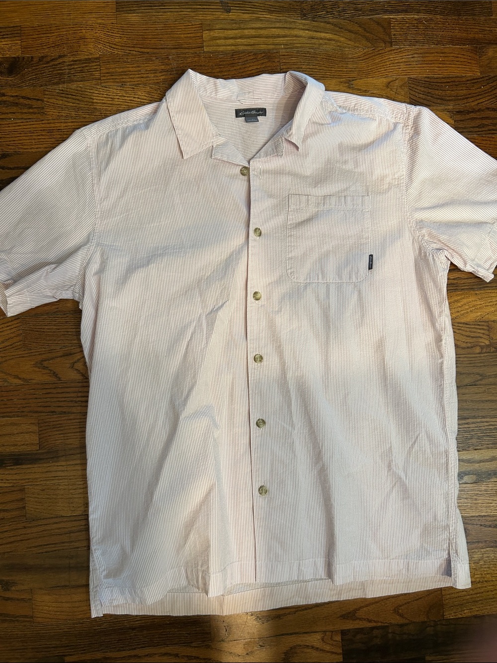 Eddie Bauer Short-Sleeve Button-Down Shirt in Pale Pink Stripe
